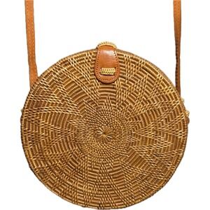 Vintage Rattan Woven Round Crossbody Bag Straw Boho Summer Beach Purse